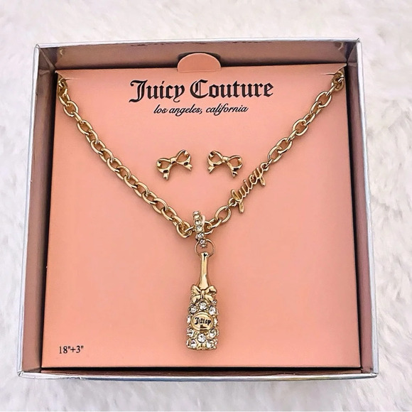 Juicy Couture Rhinestone Champagne Bottle Necklace & Bow Earrings Gift Set - Picture 4 of 5